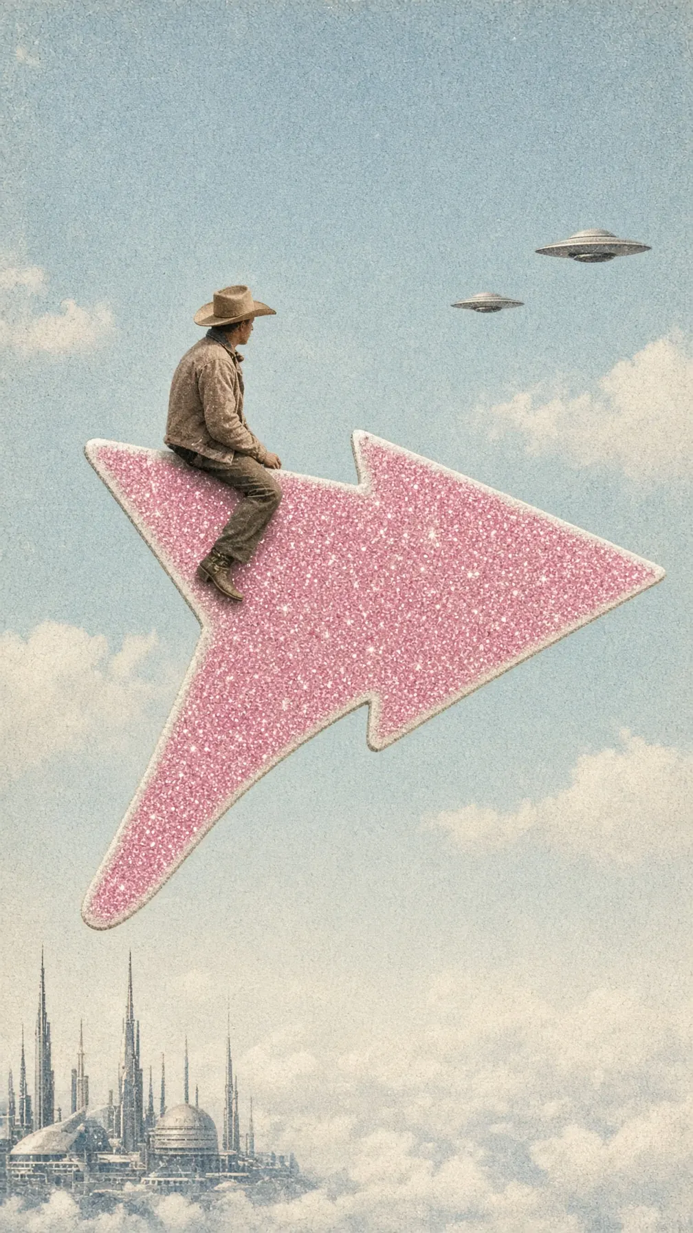 A rider in a hat sits on a large pink glitter arrow in a pale sky, with two saucer-shaped craft above and a city of spires below.