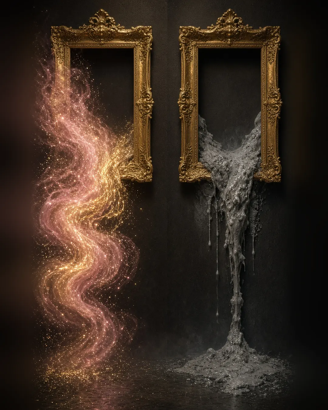 Two ornate empty frames on a dark wall. The left frame spills gold and pink light, and the right frame drips a dull gray form.